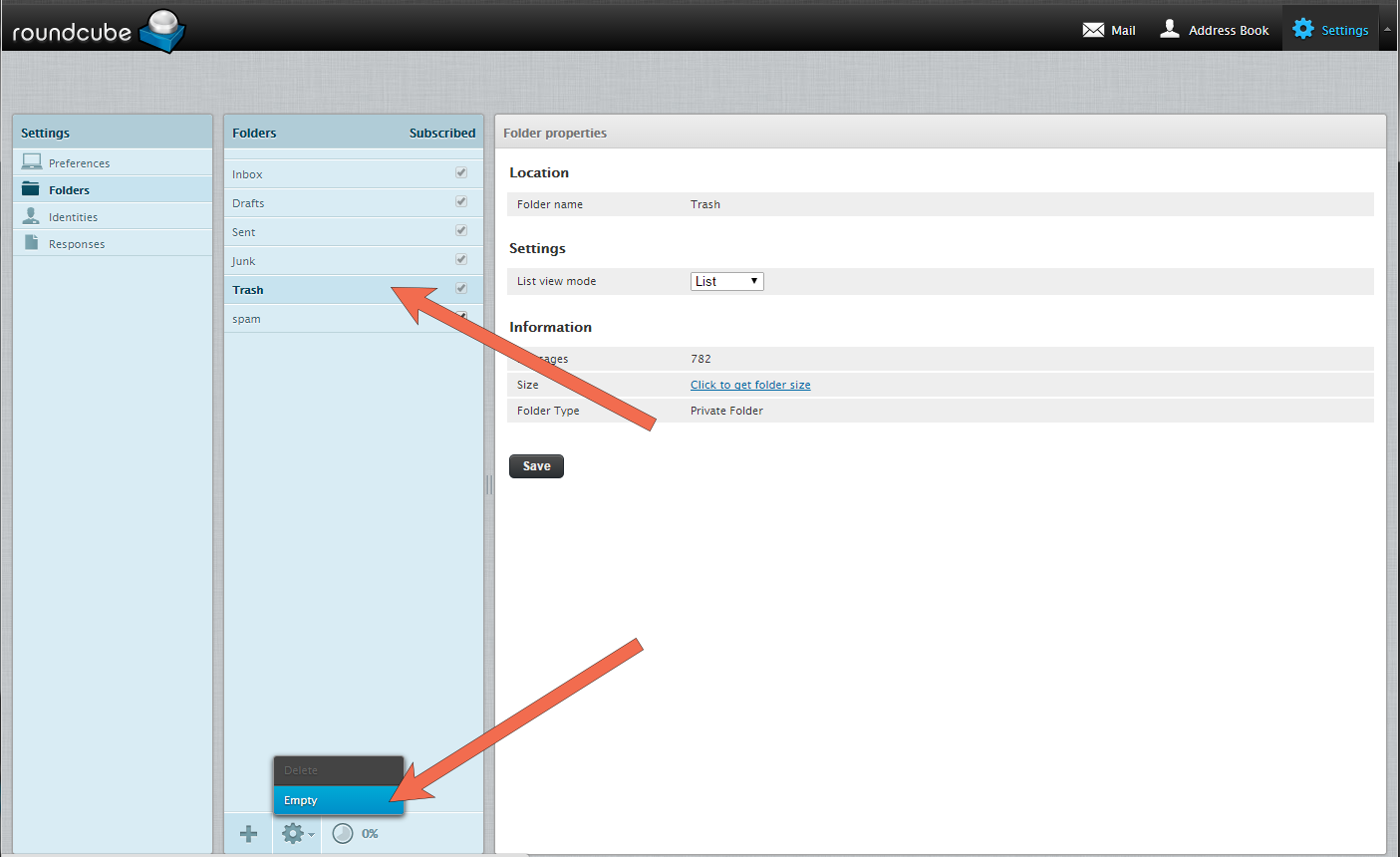 Empty a folder using webmail SiteJockey
